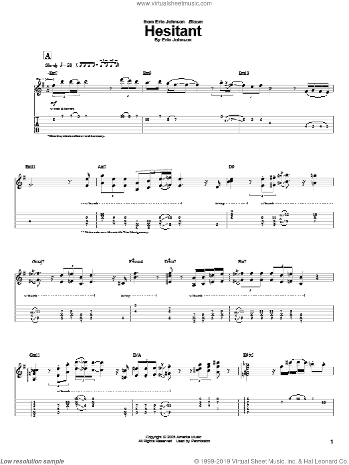 Hesitant sheet music for guitar (tablature) by Eric Johnson, intermediate skill level