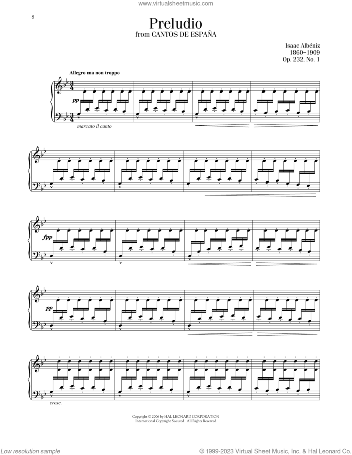 Prelude, Op. 232, No. 1 sheet music for piano solo by Isaac Albeniz, classical score, intermediate skill level