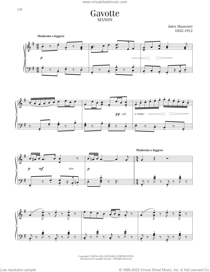 Gavotte, (intermediate) sheet music for piano solo by Jules Massenet, classical score, intermediate skill level