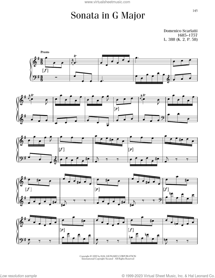 Sonata In G Major, L. 388 sheet music for piano solo by Domenico Scarlatti, classical score, intermediate skill level