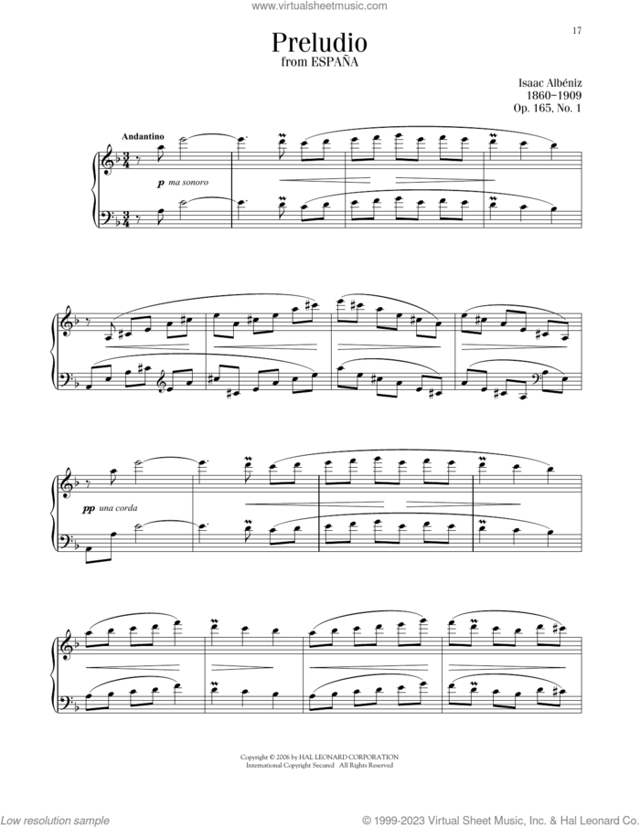 Prelude, Op. 165, No. 1 sheet music for piano solo by Isaac Albeniz, classical score, intermediate skill level