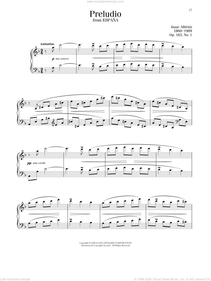 Prelude, Op. 165, No. 1 sheet music for piano solo by Isaac Albeniz, classical score, intermediate skill level