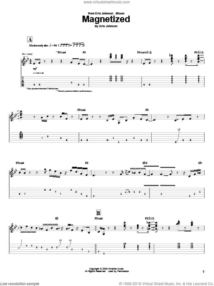Magnetized sheet music for guitar (tablature) by Eric Johnson, intermediate skill level