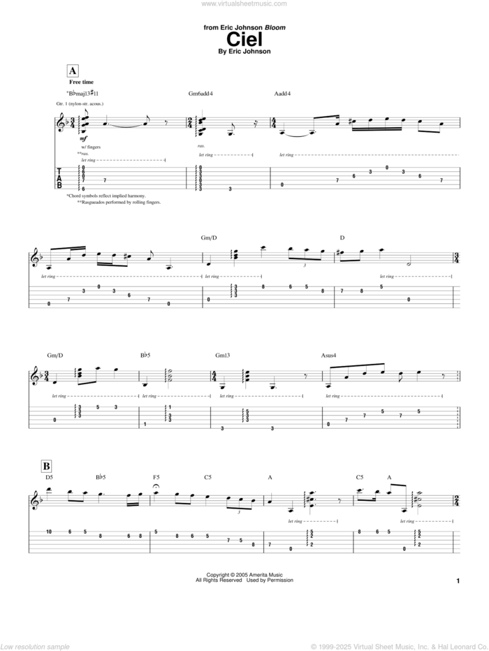 Ciel sheet music for guitar (tablature) by Eric Johnson, intermediate skill level