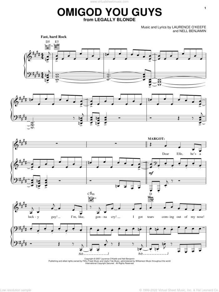 Omigod You Guys sheet music for voice and piano by Legally Blonde The Musical and Nell Benjamin, intermediate skill level