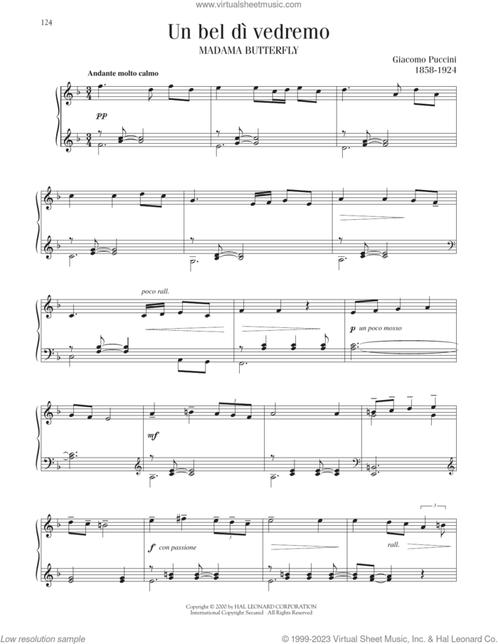 Un Bel Di Vedremo sheet music for piano solo by Giacomo Puccini, classical score, intermediate skill level