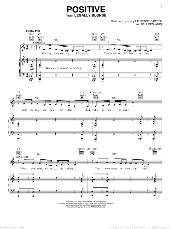 Positive sheet music for voice and piano by Legally Blonde The Musical and Nell Benjamin, intermediate skill level