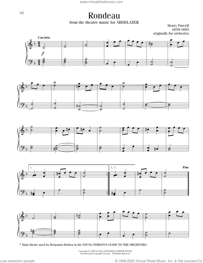Rondeau sheet music for piano solo by Henry Purcell, classical score, intermediate skill level