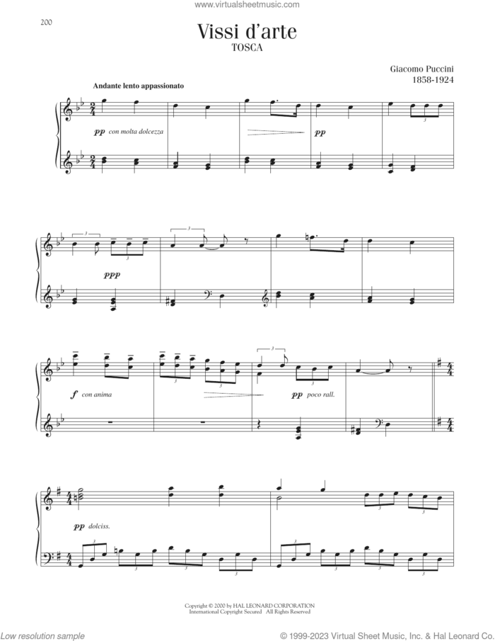 Vissi D'Arte, Vissi D'Amore sheet music for piano solo by Giacomo Puccini, classical score, intermediate skill level