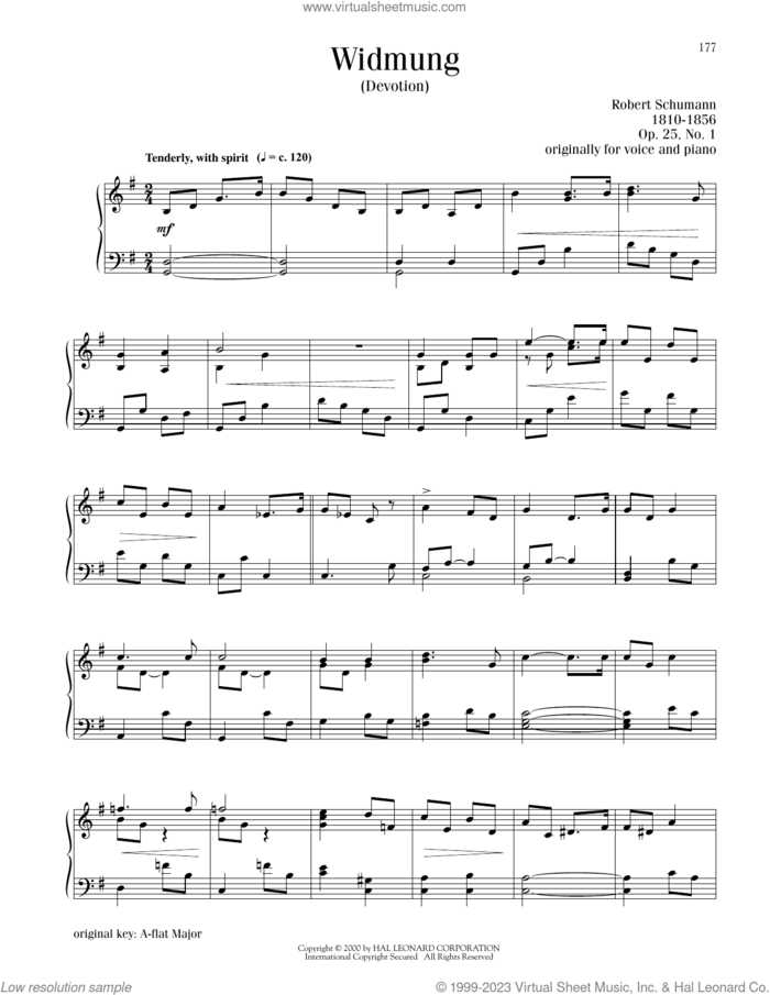Widmung sheet music for piano solo by Robert Schumann and Franz Ruckert, classical score, intermediate skill level