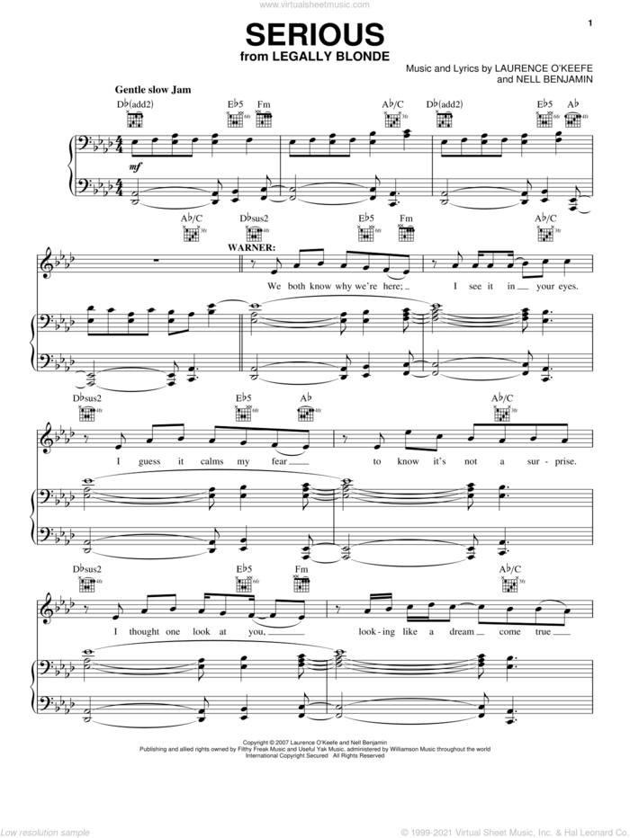 Serious sheet music for voice and piano by Legally Blonde The Musical and Nell Benjamin, intermediate skill level