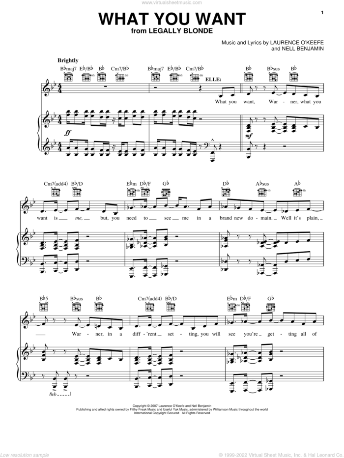 What You Want sheet music for voice and piano by Legally Blonde The Musical and Nell Benjamin, intermediate skill level