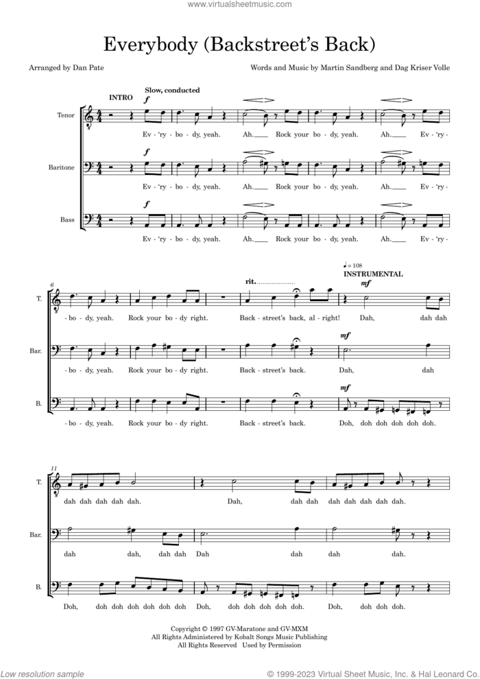 Everybody (Backstreet's Back) (arr. Dan Pate) sheet music for choir (TBB: tenor, bass) by Backstreet Boys, Dan Pate, Dag Kriser Volle and Martin Sandberg, intermediate skill level