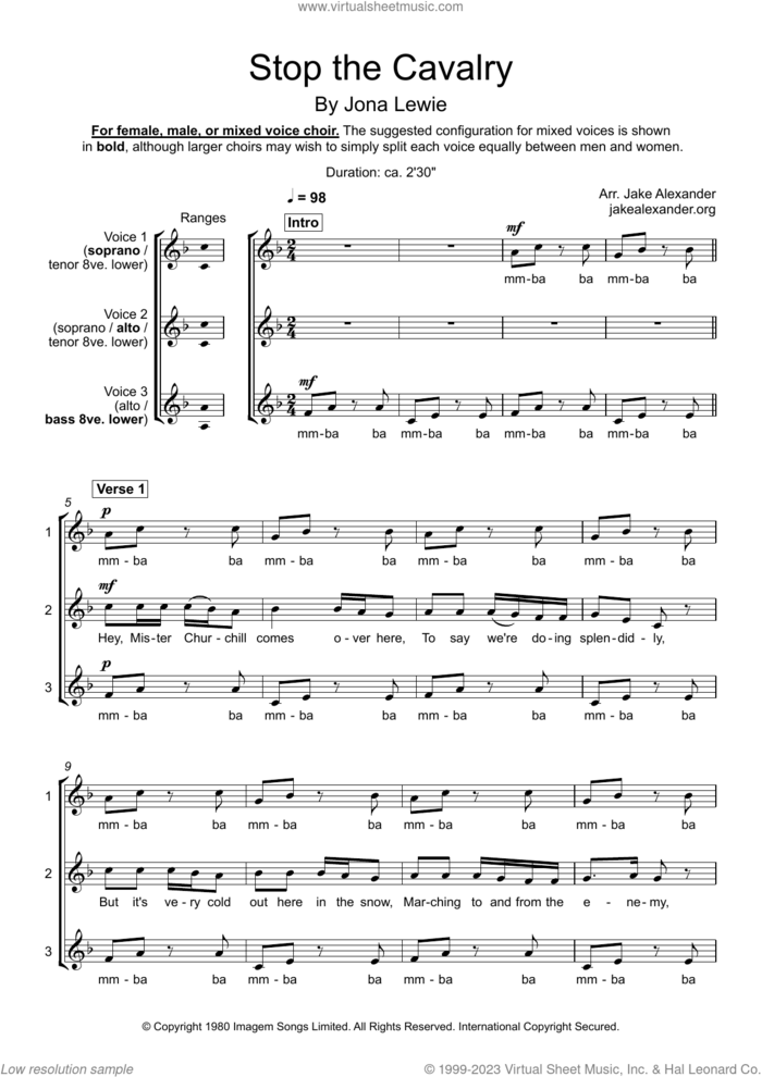 Stop The Cavalry (arr. Jake Alexander) sheet music for choir by Jona Lewie and Jake Alexander, intermediate skill level