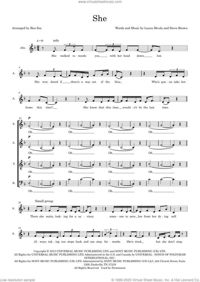 She (arr. Ben See) sheet music for choir (SATB: soprano, alto, tenor, bass) by Laura Mvula, Ben See and Steve Brown, intermediate skill level