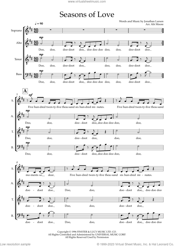 Seasons Of Love (arr. Abi Moore) sheet music for choir (SATB: soprano, alto, tenor, bass) by Rent, Abi Moore and Jonathan Larson, intermediate skill level