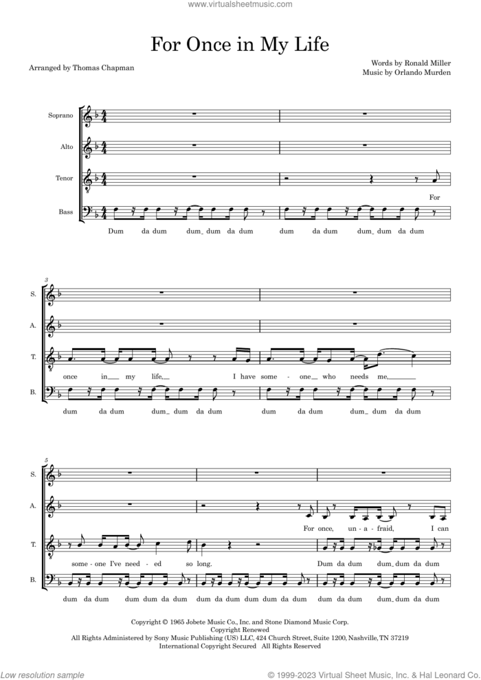 For Once In My Life (arr. Thomas Chapman) sheet music for choir (SATB: soprano, alto, tenor, bass) by Stevie Wonder, Thomas Chapman, Orlando Murden and Ron Miller, intermediate skill level