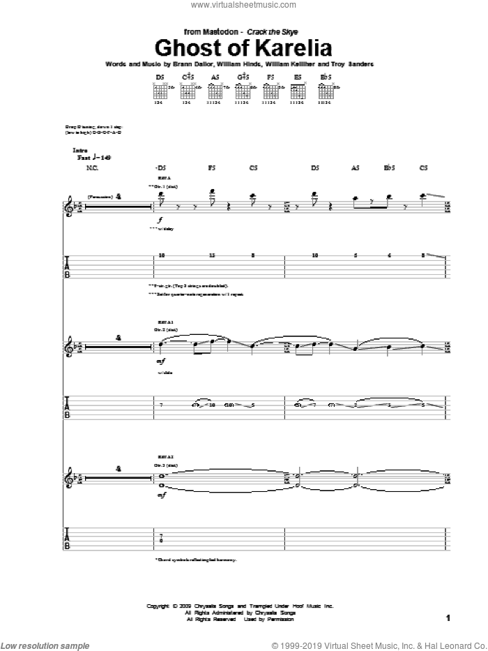 Ghost Of Karelia sheet music for guitar (tablature) by Mastodon, Brann Dailor, Troy Sanders, William Hinds and William Kelliher, intermediate skill level