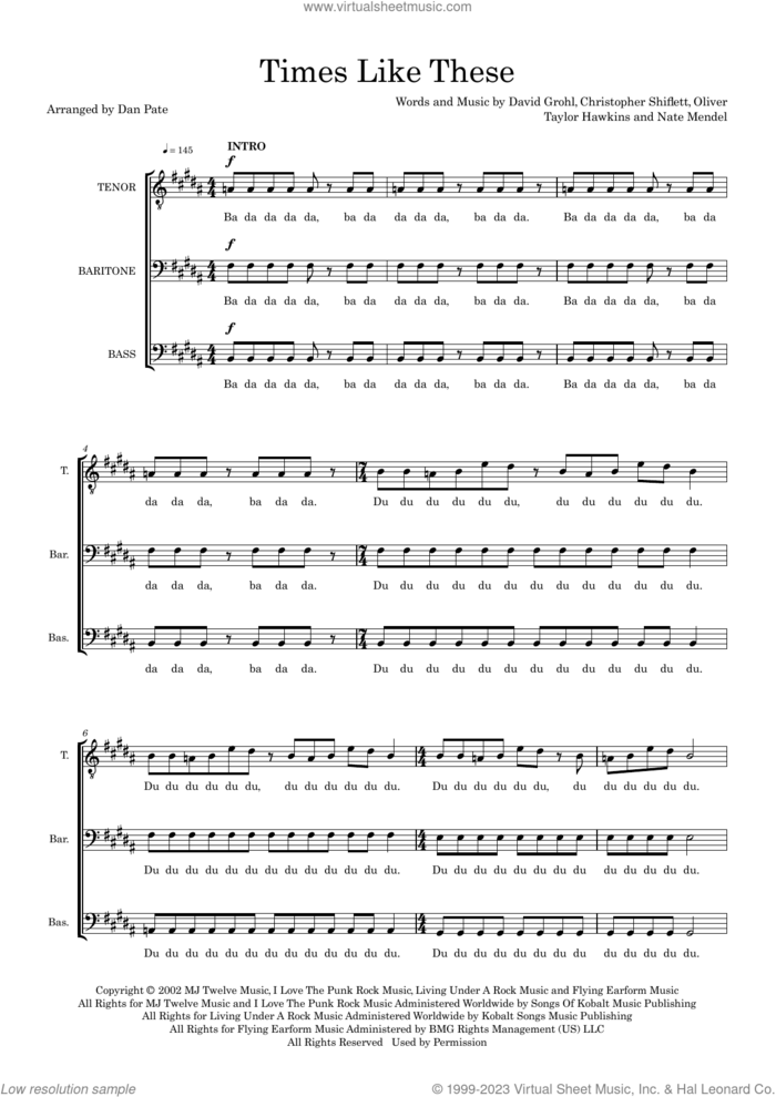 Times Like These (arr. Dan Pate) sheet music for choir (TBB: tenor, bass) by Foo Fighters, Dan Pate, Christopher Shiflett, Dave Grohl, Nate Mendel and Oliver Taylor Hawkins, intermediate skill level