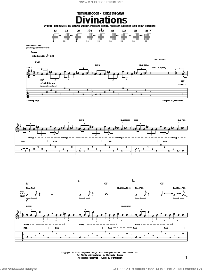 Divinations sheet music for guitar (tablature) by Mastodon, Brann Dailor, Troy Sanders, William Hinds and William Kelliher, intermediate skill level