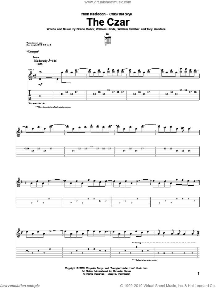 The Czar sheet music for guitar (tablature) by Mastodon, Brann Dailor, Troy Sanders, William Hinds and William Kelliher, intermediate skill level