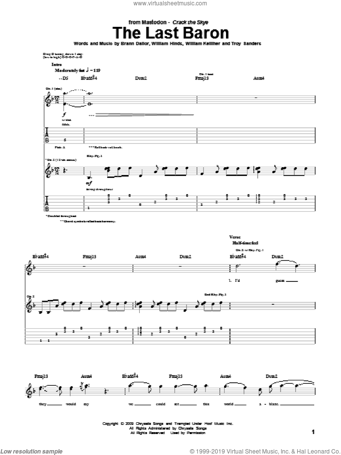The Last Baron sheet music for guitar (tablature) by Mastodon, Brann Dailor, Troy Sanders, William Hinds and William Kelliher, intermediate skill level