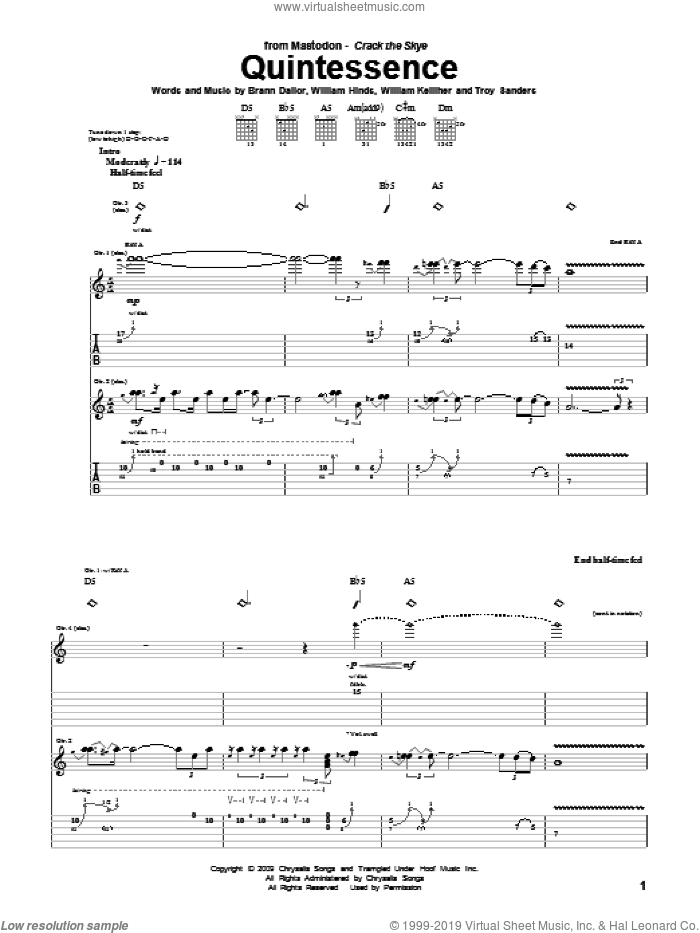 Quintessence sheet music for guitar (tablature) by Mastodon, Brann Dailor, Troy Sanders, William Hinds and William Kelliher, intermediate skill level