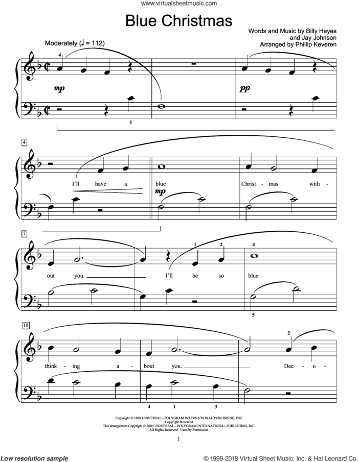 Blue Christmas (arr. Phillip Keveren) sheet music for piano solo (elementary) by Elvis Presley, Phillip Keveren, Miscellaneous, Billy Hayes and Jay Johnson, beginner piano (elementary)