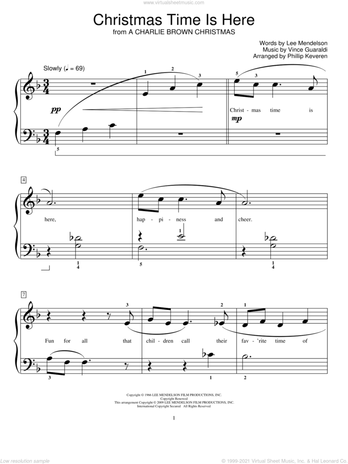 Christmas Time Is Here (arr. Phillip Keveren) sheet music for piano solo (elementary) by Vince Guaraldi, Phillip Keveren, Miscellaneous and Lee Mendelson, beginner piano (elementary)