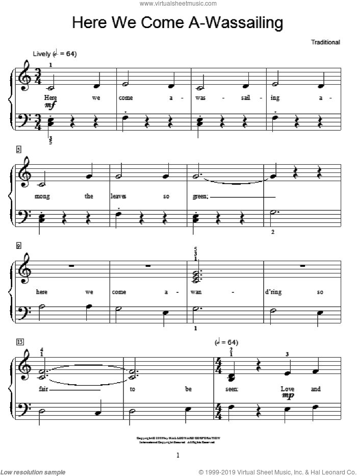 Here We Come A-Wassailing sheet music for piano solo (elementary), beginner piano (elementary)