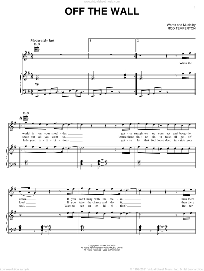 Off The Wall sheet music for voice, piano or guitar by Michael Jackson and Rod Temperton, intermediate skill level