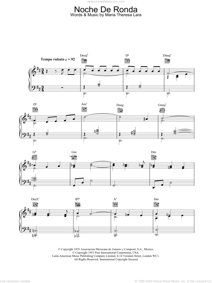 Noche De Ronda sheet music for voice, piano or guitar by Placido Domingo, classical score, intermediate skill level