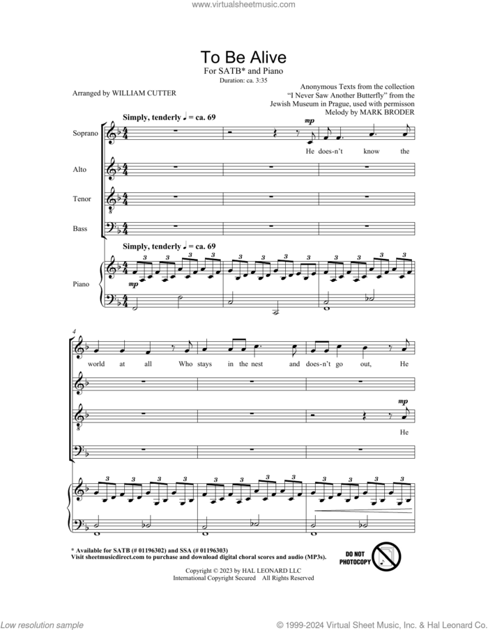 To Be Alive (Birdsong) (arr. Bill Cutler) sheet music for choir (SATB: soprano, alto, tenor, bass) by Mark Broder and Bill Cutter, intermediate skill level