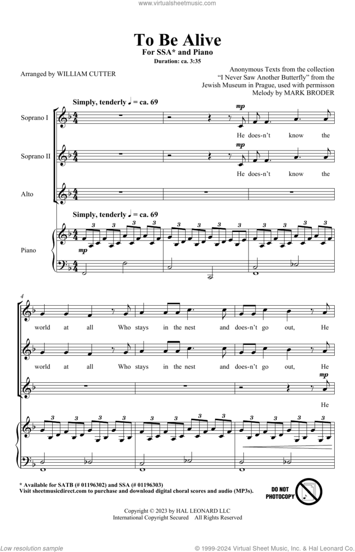 To Be Alive (Birdsong) (arr. Bill Cutler) sheet music for choir (SSA: soprano, alto) by Mark Broder and Bill Cutter, intermediate skill level