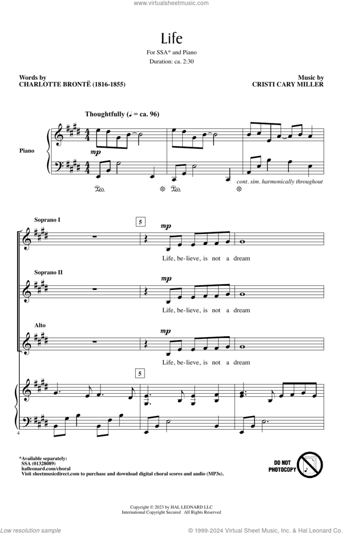 Life sheet music for choir (SSA: soprano, alto) by Cristi Cary Miller and Charlotte Bronte, intermediate skill level