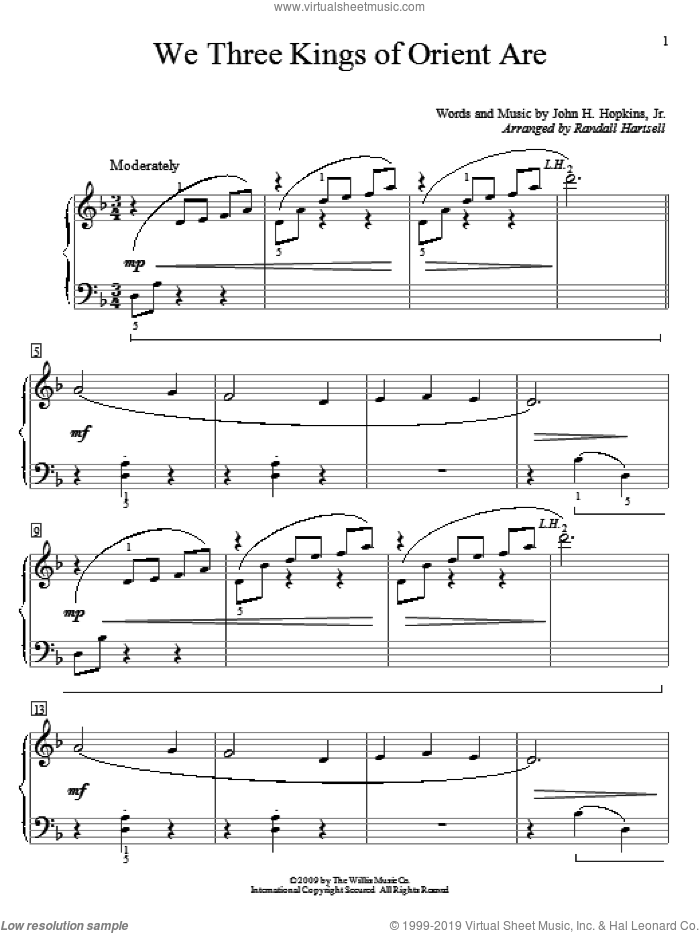 We Three Kings Of Orient Are sheet music for piano solo (elementary) by John H. Hopkins, Jr. and Randall Hartsell, beginner piano (elementary)