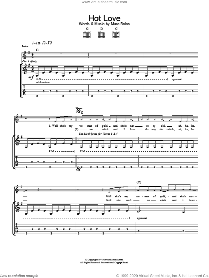 Hot Love sheet music for guitar (tablature) by T Rex, intermediate skill level