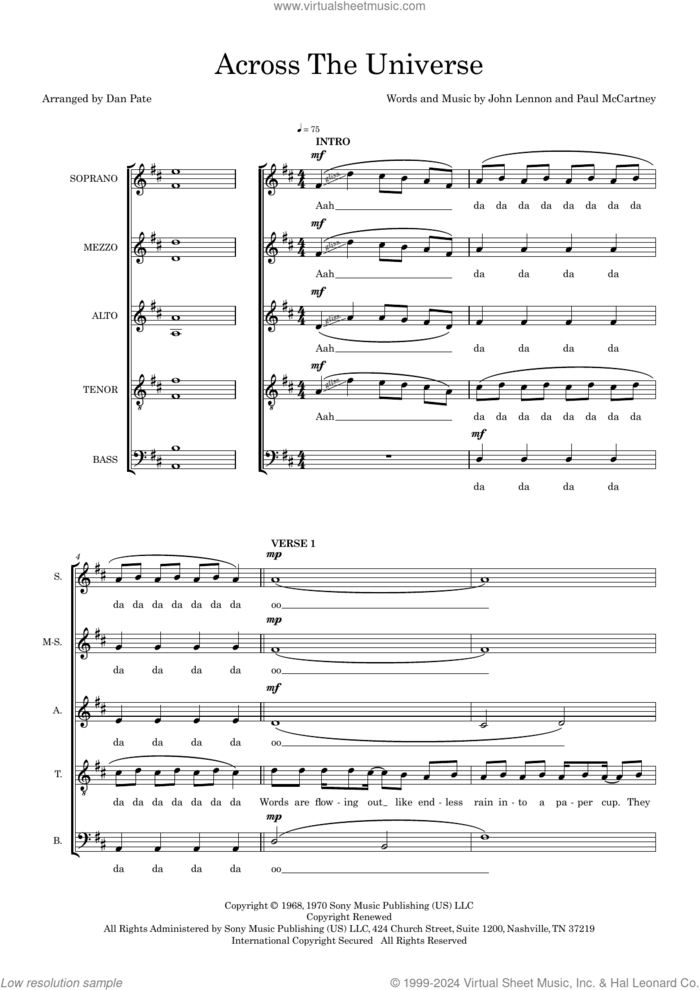 Across The Universe (arr. Dan Pate) sheet music for choir (SAATB) by The Beatles, Dan Pate, John Lennon and Paul McCartney, intermediate skill level