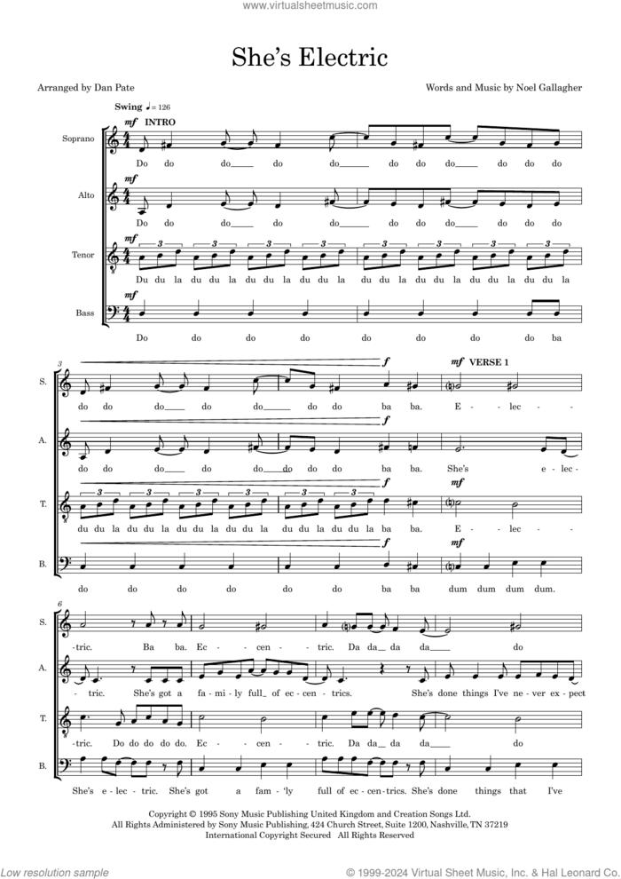 She's Electric (arr. Dan Pate) sheet music for choir (SATB: soprano, alto, tenor, bass) by Oasis, Dan Pate and Noel Gallagher, intermediate skill level