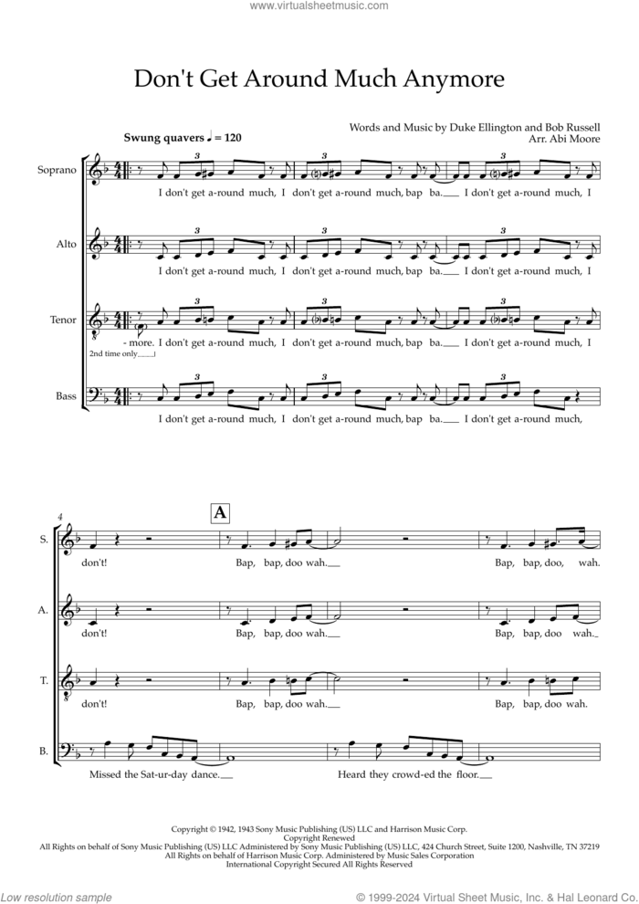 Don't Get Around Much Anymore (arr. Abi Moore) sheet music for choir (SAT: soprano, alto, tenor) by Nat King Cole, Abi Moore, Bob Russell and Duke Ellington, intermediate skill level