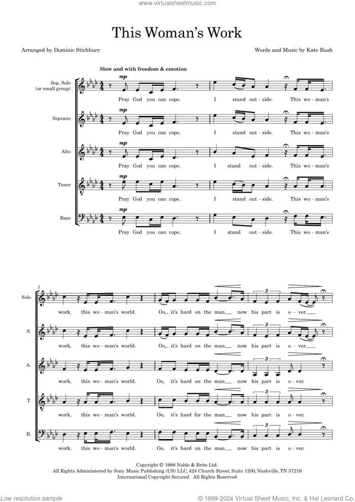 This Woman's Work (arr. Dom Stichbury) sheet music for choir (SATB: soprano, alto, tenor, bass) by Kate Bush and Dom Stichbury, intermediate skill level