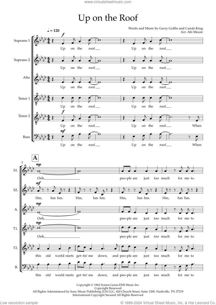 Up On The Roof (arr. Abi Moore) sheet music for choir (SSATTB) by The Drifters, Abi Moore, Carole King and Gerry Goffin, intermediate skill level