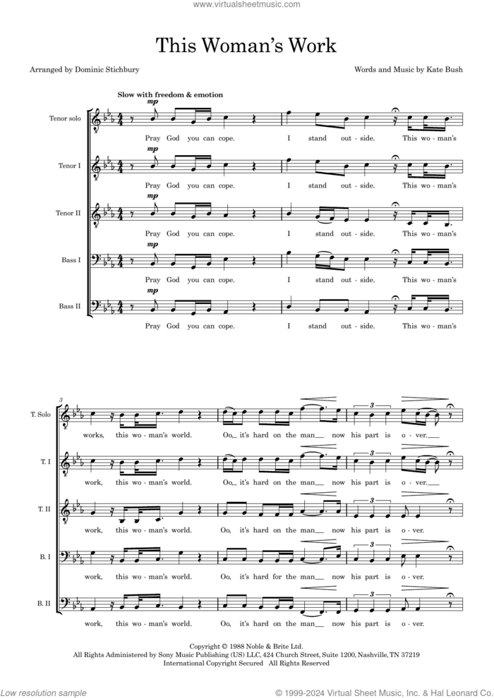 This Woman's Work (arr. Dom Stichbury) sheet music for choir (TTBB: tenor, bass) by Kate Bush and Dom Stichbury, intermediate skill level