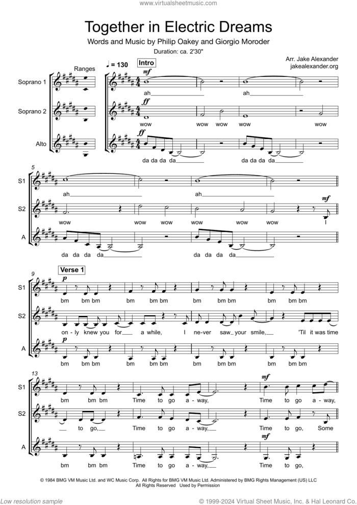 Together In Electric Dreams (arr. Jake Alexander) sheet music for choir (SSA: soprano, alto) by Human League, Jake Alexander, Giorgio Moroder and Phil Oakey, intermediate skill level