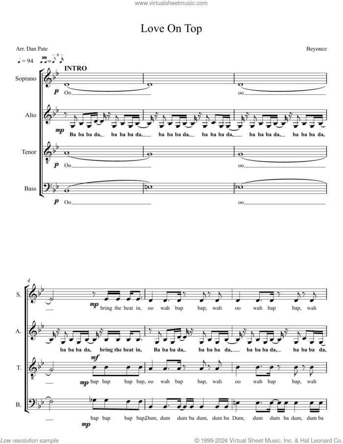 Love On Top (arr. Dan Pate) sheet music for choir (SATB: soprano, alto, tenor, bass) by Beyonce, Dan Pate, Shea Taylor and Terius Nash, intermediate skill level