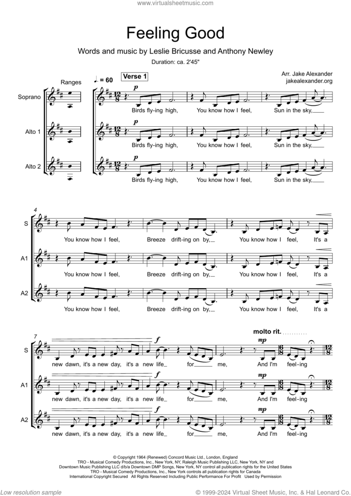 Feeling Good (arr. Jake Alexander) sheet music for choir (SAA) by Michael Buble, Jake Alexander, Anthony Newley and Leslie Bricusse, intermediate skill level