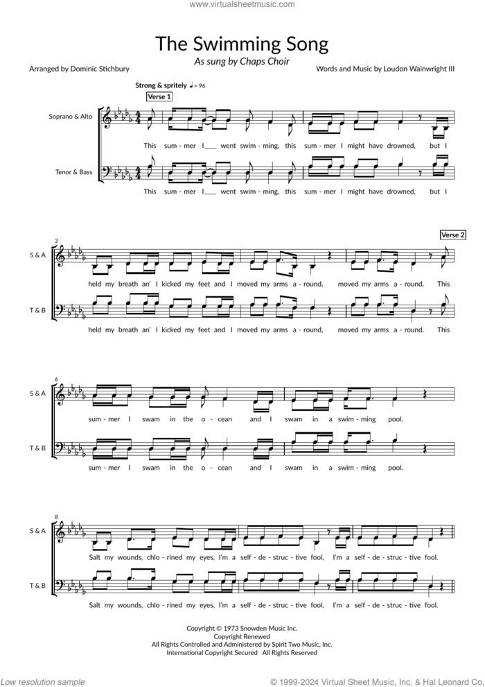 The Swimming Song (arr. Dom Stichbury) sheet music for choir (SATB: soprano, alto, tenor, bass) by Loudon Wainwright III and Dom Stichbury, intermediate skill level