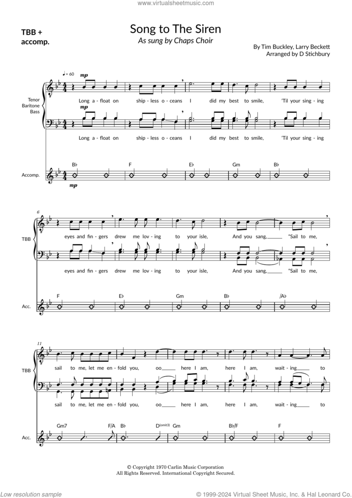 Song To The Siren (arr. Dom Stichbury) sheet music for choir (TTBB: tenor, bass) by Tim Buckley, Dom Stichbury and Larry Beckett, intermediate skill level