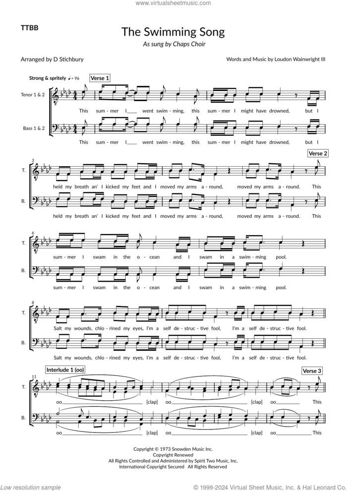 The Swimming Song (arr. Dom Stichbury) sheet music for choir (TTBB: tenor, bass) by Loudon Wainwright III and Dom Stichbury, intermediate skill level