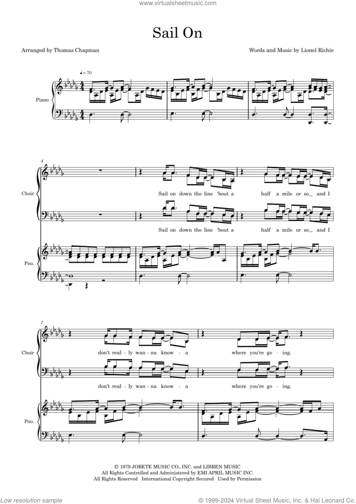 Sail On (arr. Thomas Chapman) sheet music for choir (SATB: soprano, alto, tenor, bass) by The Commodores, Thomas Chapman and Lionel Richie, intermediate skill level